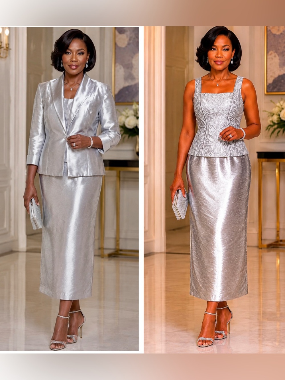 Cachet Silver Metallic Formal Dress with Matching Jacket, Size Medium (8)
